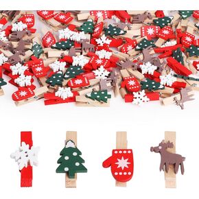 100 PCS Christmas Wood Photo Clips, Xmas Tree Snowflake Elk Gloves Mini Clothespins DIY Photo Pegs for Home Hanging Decorative Photo School Art Craft Decor