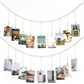 Hanging Photo Wall Display, 2PCS Picture Hanging String Wall Decor Boho Wooden Beads Collage Picture Card Frame Holder with Wood Clips for Bedroom, Living Room, Office, Dorm Decor