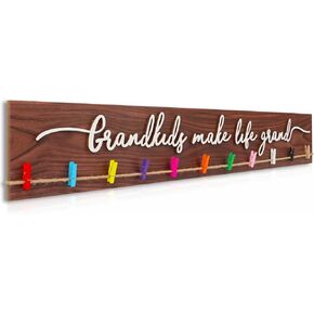 Grandkids Make Life Grand Sign 3D Grandkids Photo Holder with Clips 36x5.4In Family Picture Frame For Wall, Choice for Grandma Grandparent Kids