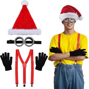 BUUFAN 4Pcs Christmas Costume Accessories Adult Steampunk Goggles Glasses Red Y-Back Suspenders Christmas Hats Black Gloves Perfect for Birthday Party and Christmas Cosplay Party