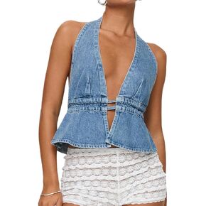 Women's Y2K Tops Halter Sleeveless Backless Deep V Nevk Denim Vest Crop Tank Top Tie Up Jean Jacket Waistcoat