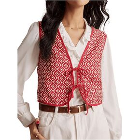 MakeMeChic Women's Boho Tribal Print Tie Front Vest V Neck Sleeveless Waistcoat Outerwear