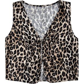WDIRARA Women's Leopard Print Bow Tie Front Vest Sleeveless V Neck Crop Tank Top