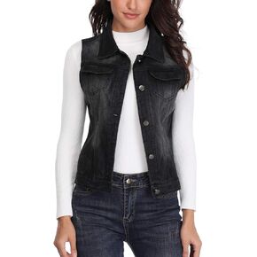MISS MOLY Denim Vest for Women Sleeveless Button up Washed Cropped Jean Jacket