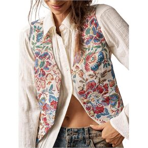 MakeMeChic Women's Floral Embroidery Vest Sleeveless V Neck Button Down Jacket Waistcoat