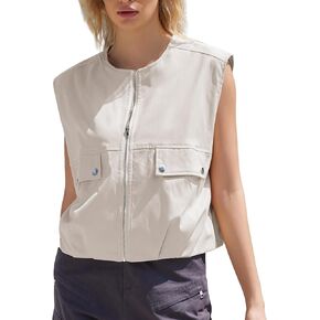 سترة نسائية كاجوال بسحاب بدون أكمام مع جيوب، سترة كبيرة الحجم بحاشية مكشكشة، سترة خفيفة الوزن in Kuwait