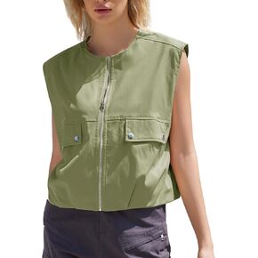 Womens Casual Zip Up Vest Sleeveless Jacket with Pockets Cargo Oversized Vest Ruched Hem Lightweight Blazer