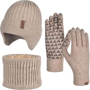 Men Winter Beanie Hat Touchscreen Gloves Neck Warmer 3 in 1 Set with Fleece Lined