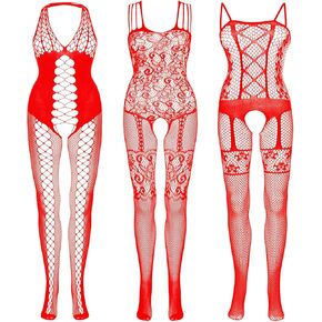 3 Packs Women Fishnet Bodysuits, Stockings Sleepwear Lingerie for Couple Dating Nightwear