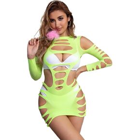 comeondear Plus Size Fishnet Lingerie Dress for Women Sexy Hollow Out Bodystocking Mini Bodycon Long Sleeve Outfits
