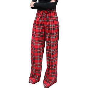 Women's Tartan Plaid Print Pants High Waisted Wide Leg Baggy Palazzo Pants with Belt
