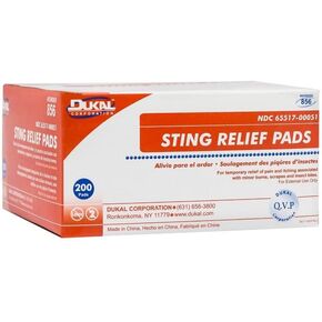 Dukal Sting Relief Pads. Case of 200 Anesthetic Pads for Burns, Scrapes. 2-Ply Non-Woven Pads in Individual Pouches, Non-Sterile Sting Relief Wipes, 856
