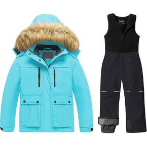 Pursky Girl's Waterproof Ski Jacket Kids Winter Snow Coats Kid's Snow Pants Girl's Winter Ski Bibs Snowbibs Sets Blue Size 10/12