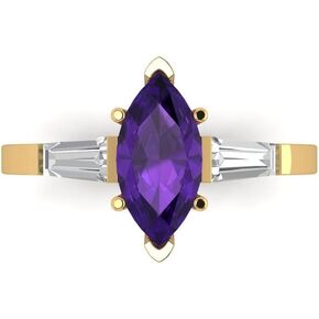 Clara Pucci 1.97ct Marquise Baguette cut 3 stone Solitaire with Accent Natural Amethyst gemstone designer Modern Ring 14k Yellow Gold