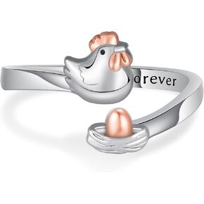 TYSO Chicken Ring 925 Sterling Silver Chicken Hen Egg Open Rings Chicken Lover Gifts for Women Animal Adjustable Ring Jewelry for Women