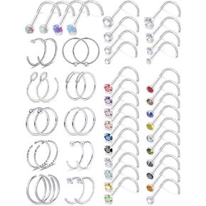 18G Nose Rings for Women Surgical Steel Nose Rings Hoops Nose Piercing Jewelry,Screw Nose Rings, Corkscrew Nose Ring Studs,Opal Nose Ring CZ Screw Nose Studs，Cute Nose Rings,Silver
