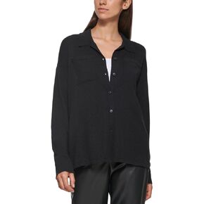 Calvin Klein Womens Collar Knit Button-Down Top Black S