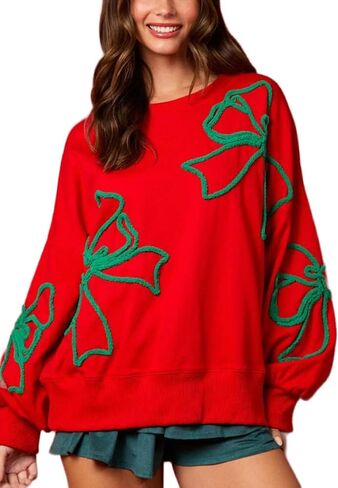 Women's Cute Bow Sweatshirt Casual Lantern Long Sleeve Crew Neck Sweatshirts Fall Loose Fit Y2k Pullover Tops 2024 in Saudi Arabia