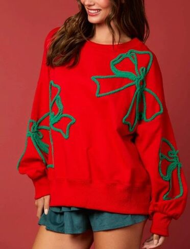 Women's Cute Bow Sweatshirt Casual Lantern Long Sleeve Crew Neck Sweatshirts Fall Loose Fit Y2k Pullover Tops 2024 in Saudi Arabia