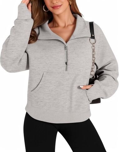 MANGOPOP كنزة صوفية بسحاب ربع نسائي مع غطاء للرأس مع فتحات إبهام 2 جيوب الكنغر ملابس مقصوصة بنصف سحاب in Kuwait