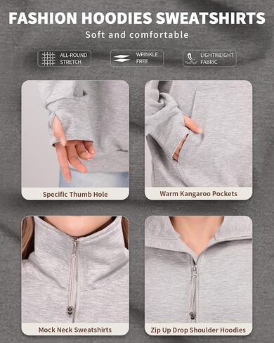 MANGOPOP كنزة صوفية بسحاب ربع نسائي مع غطاء للرأس مع فتحات إبهام 2 جيوب الكنغر ملابس مقصوصة بنصف سحاب in Kuwait