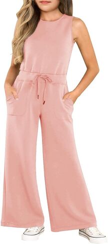 Girls Casual Jumpsuit Kids Fashion Sleeveless Elastic Waist Wide Leg Pants Rompers One Piece Outfits in Kuwait