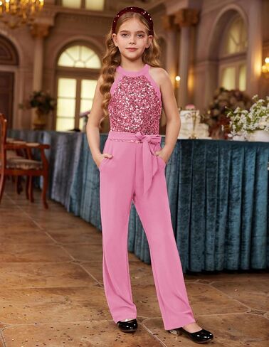 GRACE KARIN Girls Jumpsuit Tween Sequin Trendy Party Halter Shinny Dance Formal Romper Bodysuit 6-12 in Saudi Arabia