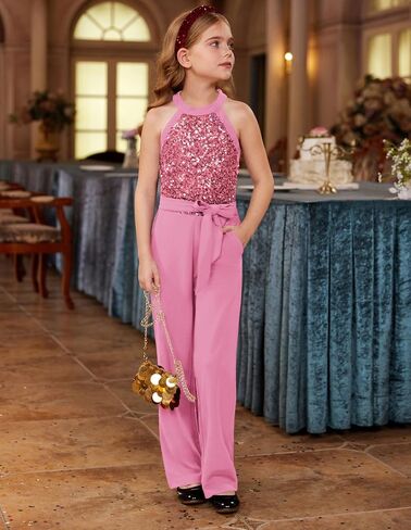 GRACE KARIN Girls Jumpsuit Tween Sequin Trendy Party Halter Shinny Dance Formal Romper Bodysuit 6-12 in Saudi Arabia
