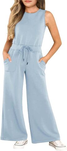 Girls Casual Jumpsuit Kids Fashion Sleeveless Elastic Waist Wide Leg Pants Rompers One Piece Outfits in Kuwait
