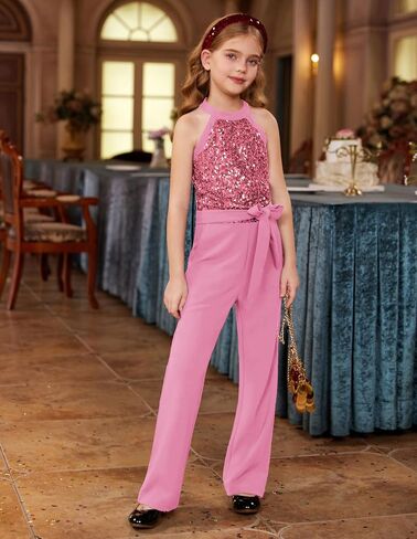 GRACE KARIN Girls Jumpsuit Tween Sequin Trendy Party Halter Shinny Dance Formal Romper Bodysuit 6-12 in Saudi Arabia