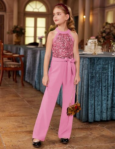 GRACE KARIN Girls Jumpsuit Tween Sequin Trendy Party Halter Shinny Dance Formal Romper Bodysuit 6-12 in Saudi Arabia