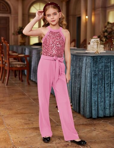 GRACE KARIN Girls Jumpsuit Tween Sequin Trendy Party Halter Shinny Dance Formal Romper Bodysuit 6-12 in Saudi Arabia