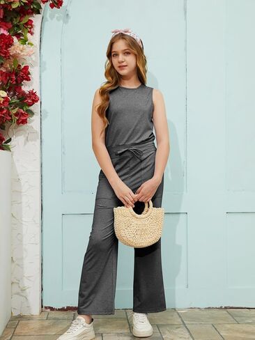 Girls Casual Jumpsuit Kids Fashion Sleeveless Elastic Waist Wide Leg Pants Rompers One Piece Outfits in Kuwait