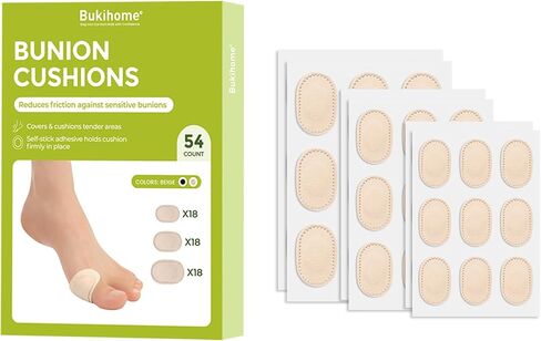 Bukihome Premium Bunion Pads - Non-Stick Center for Sensitive Skin, Moleskin Guards Protect Feet for Men and Women,Odor Resistant Cushions, Prevents Friction and Pressure (54 Count) in Kuwait