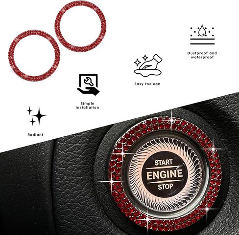 قطعتان من حلقة زر التشغيل بالضغط، حلقة تزيين لمحرك السيارة من حجر الراين اللامع، إكسسوارات سيارة لطيفة، ملحقات سيارة لامعة للنساء من الداخل (أحمر) in Kuwait