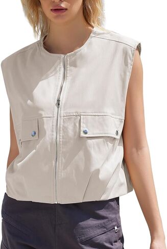 Womens Casual Zip Up Vest Sleeveless Jacket with Pockets Cargo Oversized Vest Ruched Hem Lightweight Blazer in Kuwait