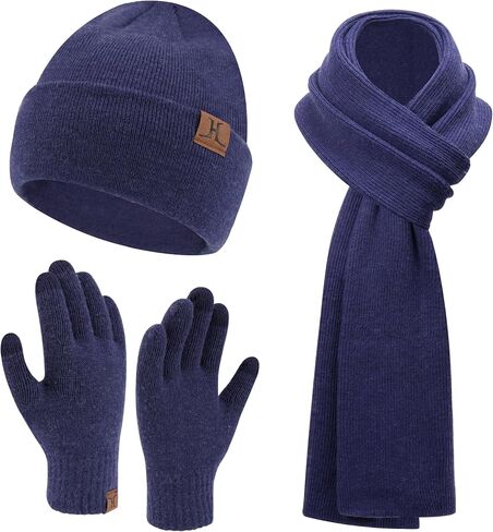 Mens Winter Warm Beanie Hats Long Scarf Neck Touchscreen Gloves Set Ribbed Knit Skull Caps Scarves Gloves for Women Man in Kuwait