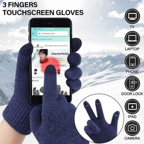 Mens Winter Warm Beanie Hats Long Scarf Neck Touchscreen Gloves Set Ribbed Knit Skull Caps Scarves Gloves for Women Man in Kuwait
