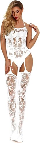 Women's Mesh Lingerie White Fishnet Babydoll Mini Dress Free Size Bodysuit See Through Shirts in Saudi Arabia