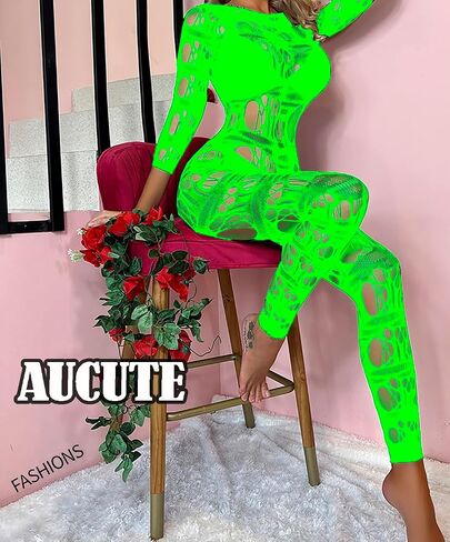 Sexy Jumpsuits for Women Clubwear Hollow Out Sheer Mesh Bodysuit Fishnet Bodystocking Outfit One Size in Saudi Arabia
