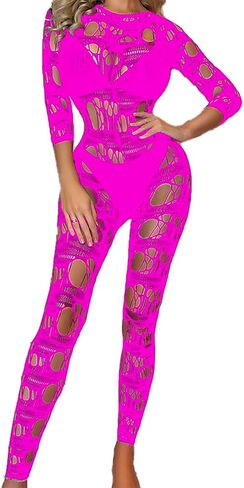 Sexy Jumpsuits for Women Clubwear Hollow Out Sheer Mesh Bodysuit Fishnet Bodystocking Outfit One Size in Saudi Arabia