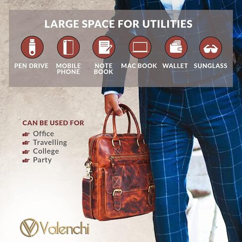 VALENCHI Leather Messenger Bag For Men - Laptop Messenger Briefcase & Shoulder Bag-Office, Work, Travel in Kuwait