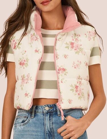 InterNos Womens Cropped Floral Print Puffer Vest Lightweight Stand Collar Zip up Sleeveless Winter Padded Coats in Kuwait
