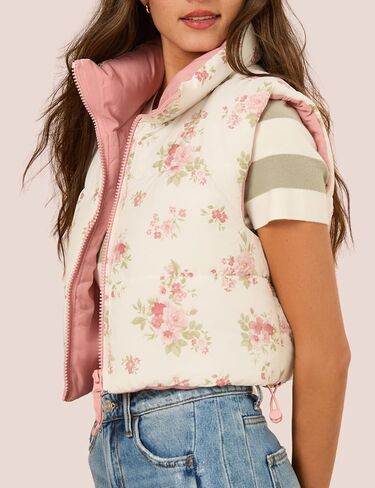 InterNos Womens Cropped Floral Print Puffer Vest Lightweight Stand Collar Zip up Sleeveless Winter Padded Coats in Kuwait