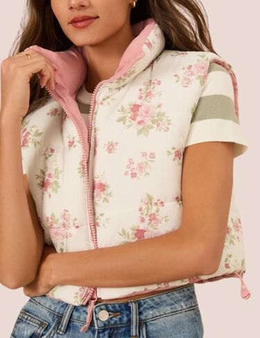 InterNos Womens Cropped Floral Print Puffer Vest Lightweight Stand Collar Zip up Sleeveless Winter Padded Coats in Kuwait