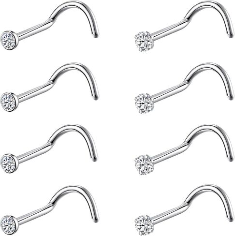 8PCS G23 Titanium Twist Screw Nose Studs 18G 20G Nose Rings 2mm 2.5mm 3mm Clear Pink Purple Aurora CZ Gold Nose Piercing Studs Nostril for Women Men in Saudi Arabia