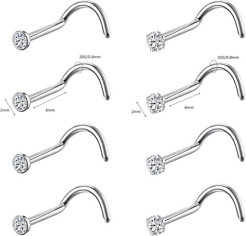 8PCS G23 Titanium Twist Screw Nose Studs 18G 20G Nose Rings 2mm 2.5mm 3mm Clear Pink Purple Aurora CZ Gold Nose Piercing Studs Nostril for Women Men in Saudi Arabia