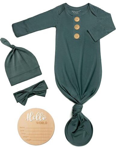 Soft Baby Knot Gown 0-3 Months, Newborn Announcement Sleepers With Mitten Cuffs and Personalized Wooden Name Tag in Saudi Arabia