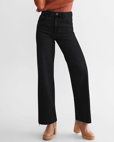 Straight Leg Jeans for Women Cropped High Waisted Stretchy Frayed Hem Raw Jean Loose Wide Leg Baggy Pants in Kuwait