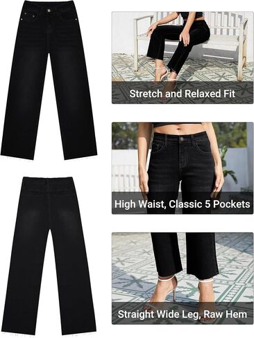 Straight Leg Jeans for Women Cropped High Waisted Stretchy Frayed Hem Raw Jean Loose Wide Leg Baggy Pants in Kuwait